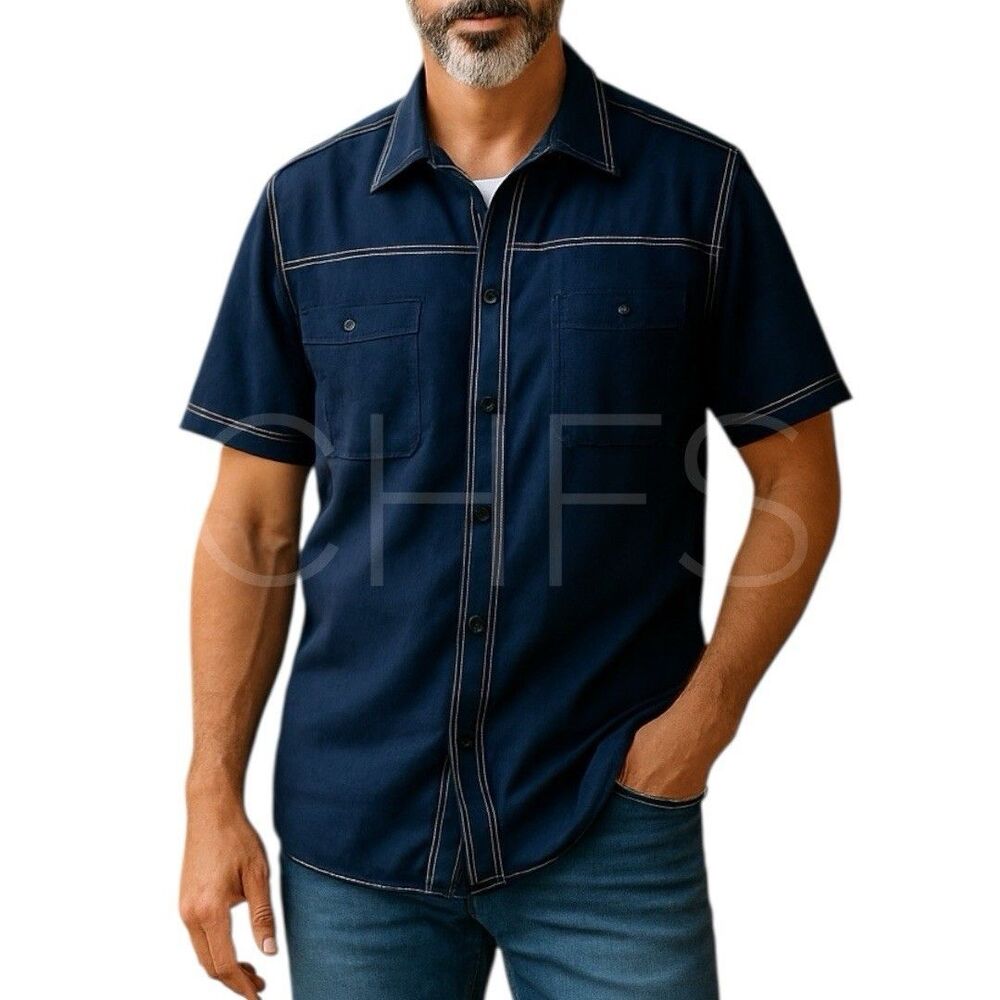GIORGIO INSERTI Shirt Cuban Mens Linen Blue Contrast Stitch Size XL